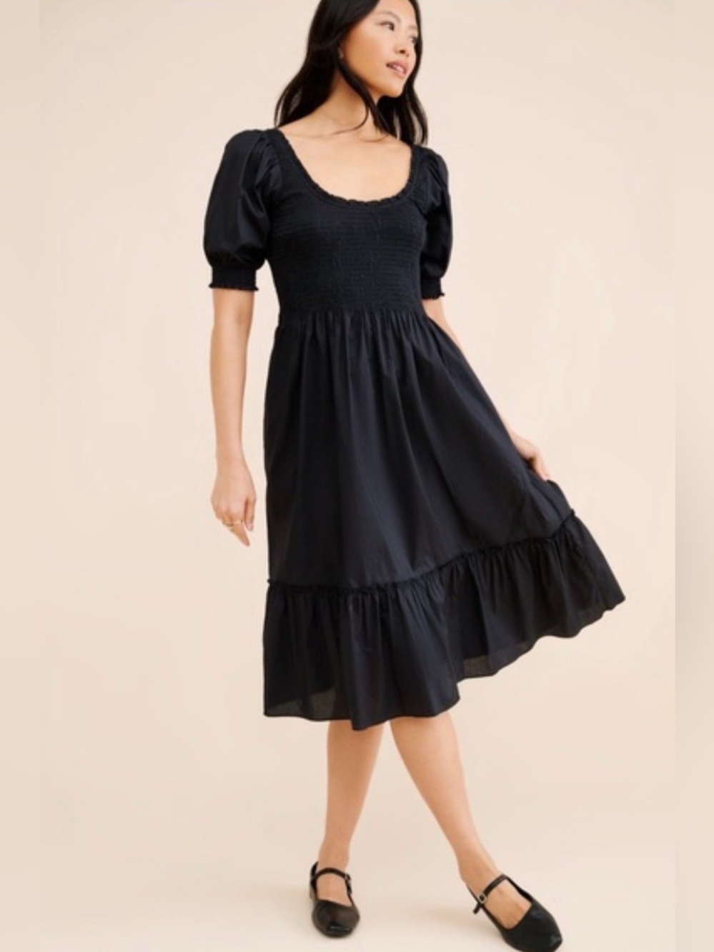 Hill House Black Louisa Nap Midi Dress with Puff Sleeves